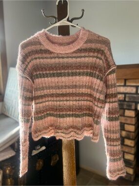 Thread & Supply Pink and Olive Striped Fuzzy Crewneck Sweater